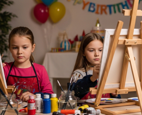 Young teacher and a kid student with aprons are painting on a canvas
